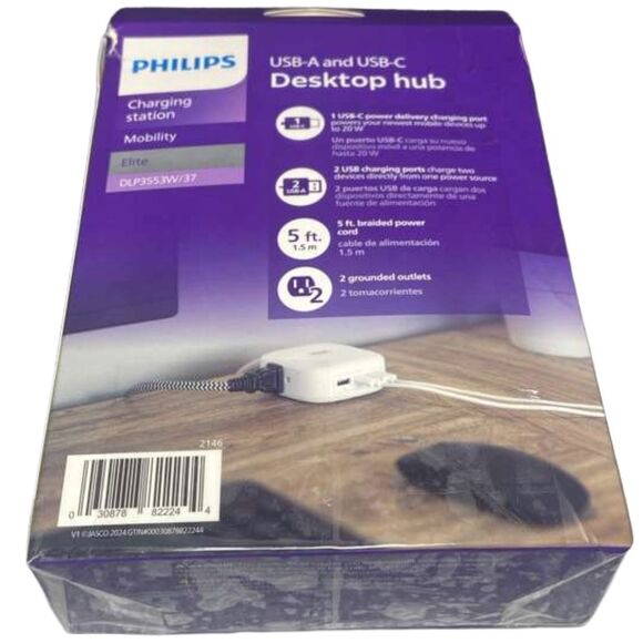 Philips Desktop Charging Station 2 Outlets 2 USB-A 1 USB-C 5ft Cord Box Wear - Picture 4 of 8